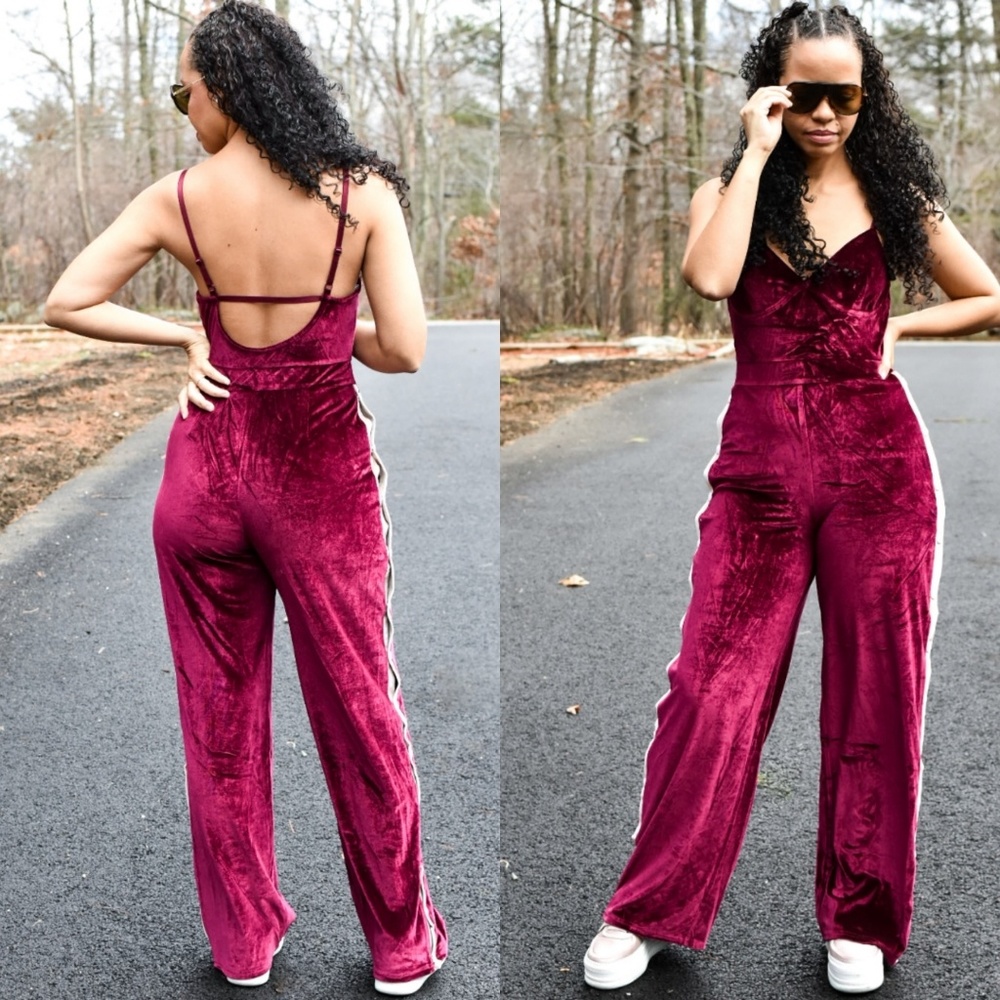 FAME VELVET STRIPE TRACK BURGUNDY JUMPSUIT - Picture 3 of 7